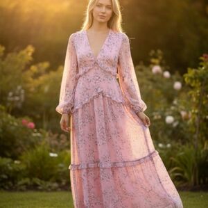 Boo Hoo Romantic Pink Floral V-Neck Maxi Dress Wide Back Open Style